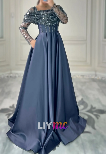 Square Long Sleeves Baeded Emboridery Formal Dress A-Line Wedding Guest Dress