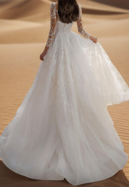 Square Long Sleeves Ball Gown Appliques A-Line Wedding Dress