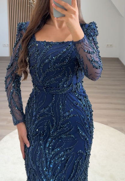 Square Long Sleeves Beaded Emboridery Sheath Formal Dress