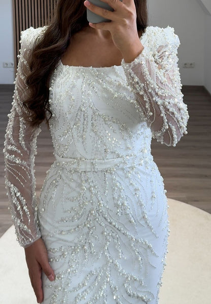 Square Long Sleeves Beaded Emboridery Sheath Formal Dress
