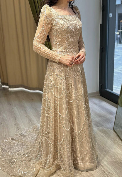 Square Long Sleeves  Beaded Embroidery A-Line Sparkly Evening Dress