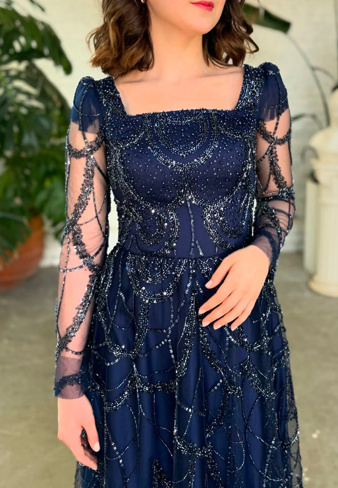 Square Long Sleeves  Beaded Embroidery A-Line Sparkly Evening Dress
