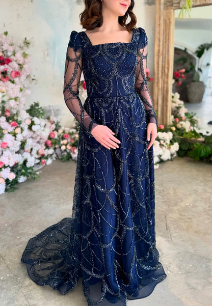 Square Long Sleeves  Beaded Embroidery A-Line Sparkly Evening Dress
