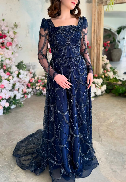 Square Long Sleeves  Beaded Embroidery A-Line Sparkly Evening Dress