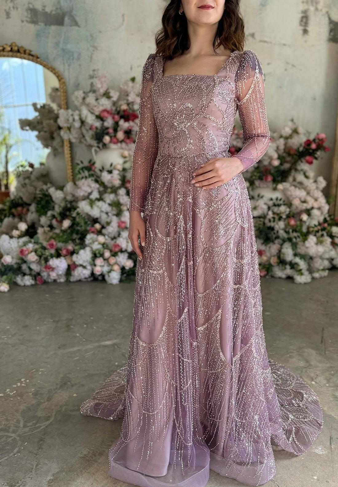 Square Long Sleeves  Beaded Embroidery A-Line Sparkly Evening Dress