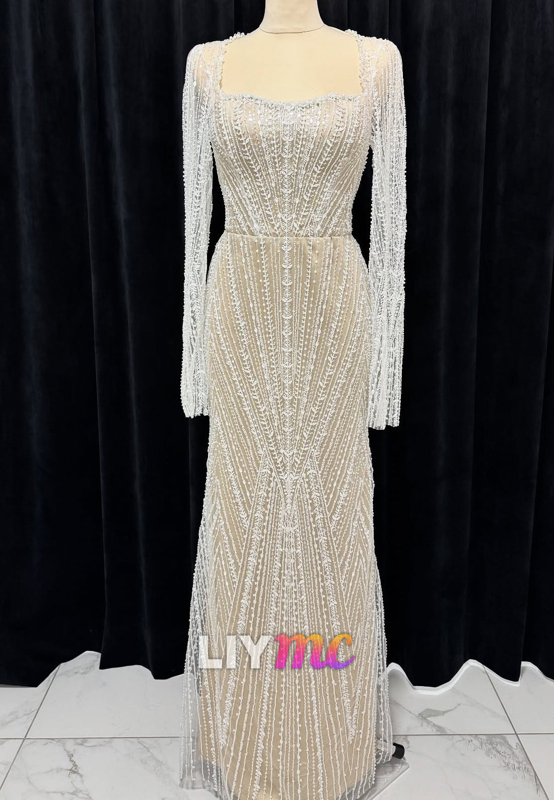 Square Long Sleeves Beaded Embroidery Mermaid Wedding Dress