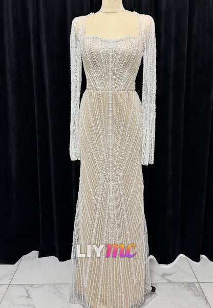 Square Long Sleeves Beaded Embroidery Mermaid Wedding Dress