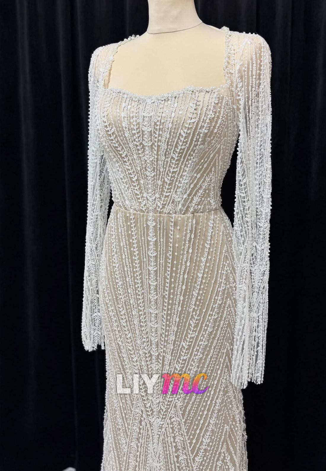 Square Long Sleeves Beaded Embroidery Mermaid Wedding Dress