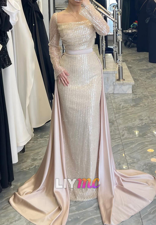 Square Long Sleeves Beaded Embroidery Sheath Evening Dress
