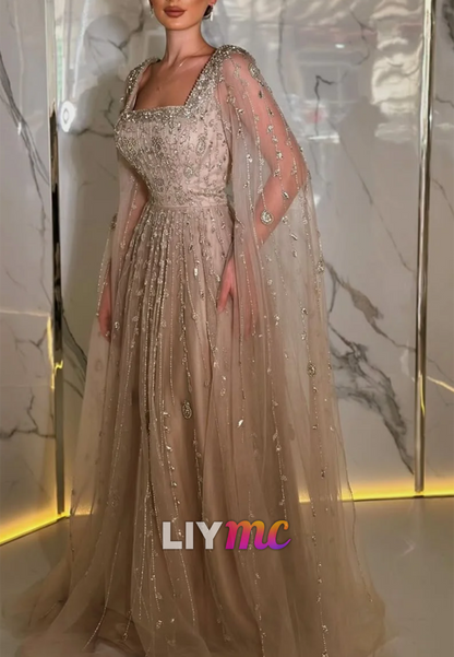 Square Long Sleeves Beaded Embroidery Sparkly A-Line Prom Dress
