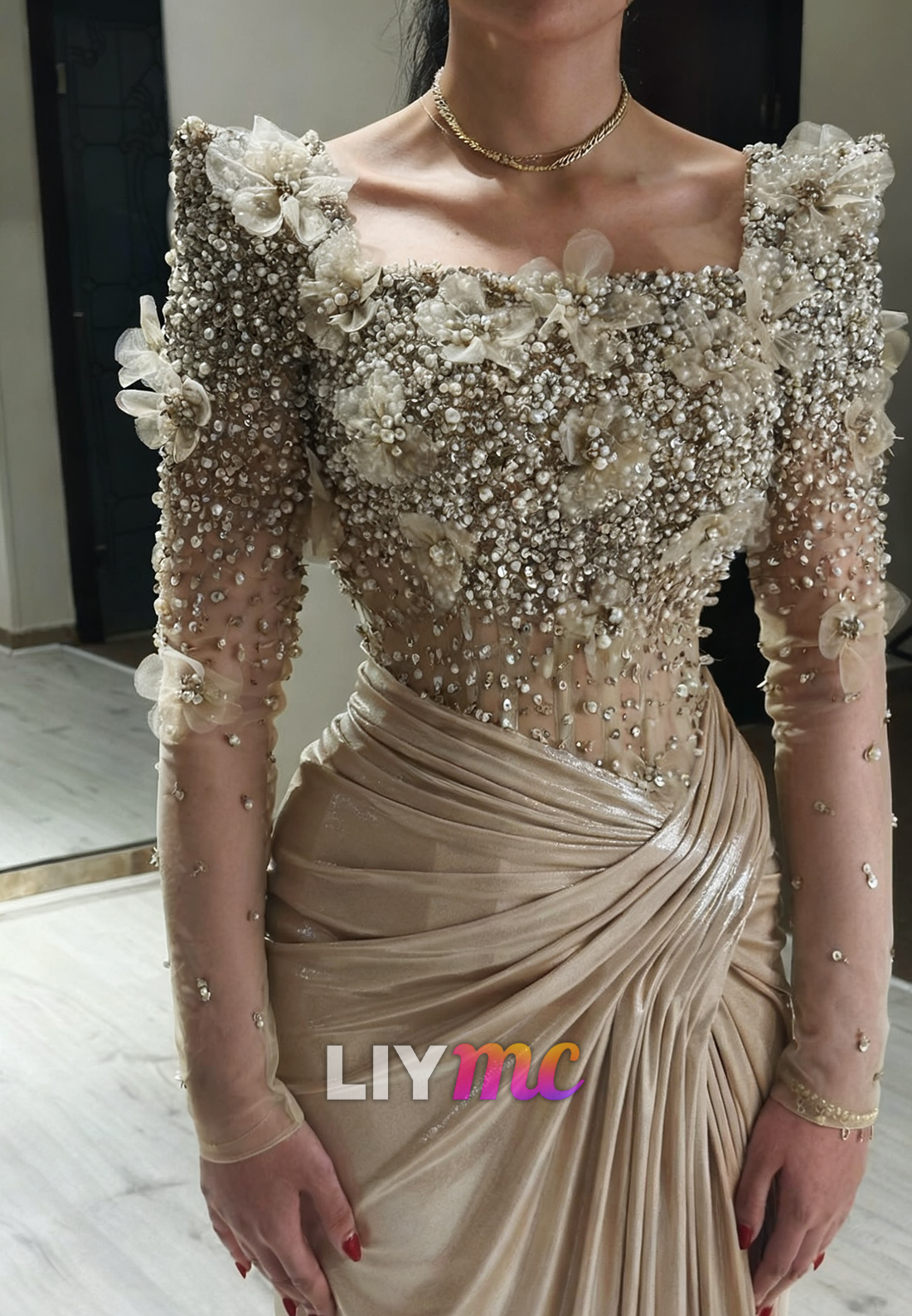 Square Long Sleeves Beaded Floral Embellished Ruhed Evening Dress