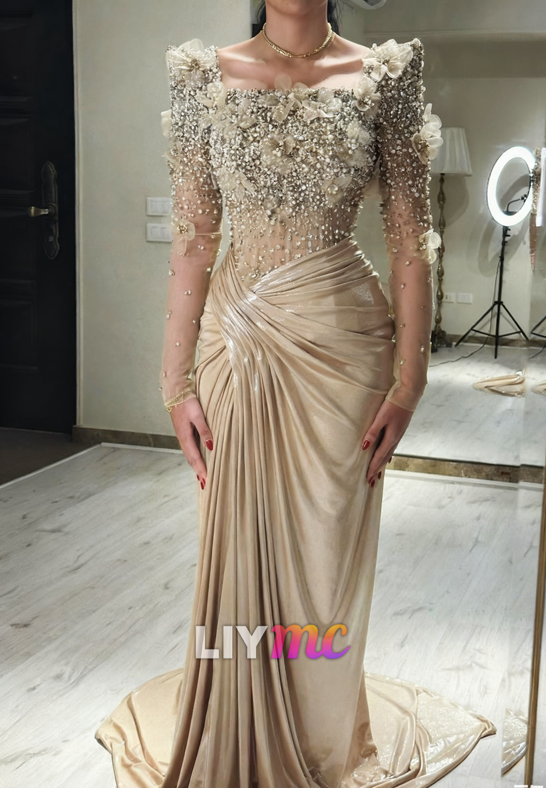 Square Long Sleeves Beaded Floral Embellished Ruhed Evening Dress