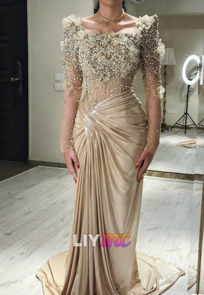 Square Long Sleeves Beaded Floral Embellished Ruhed Evening Dress