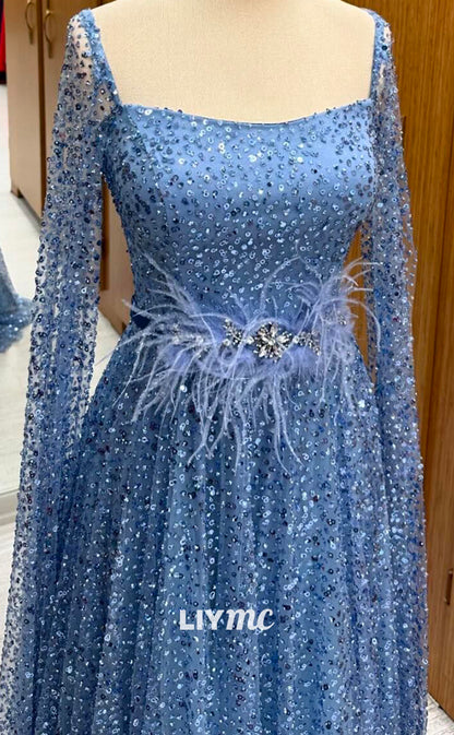 LP2249 - Square Long Sleeves Beaded Sequins Feathered A-Line Cocktail Dress Prom Dress