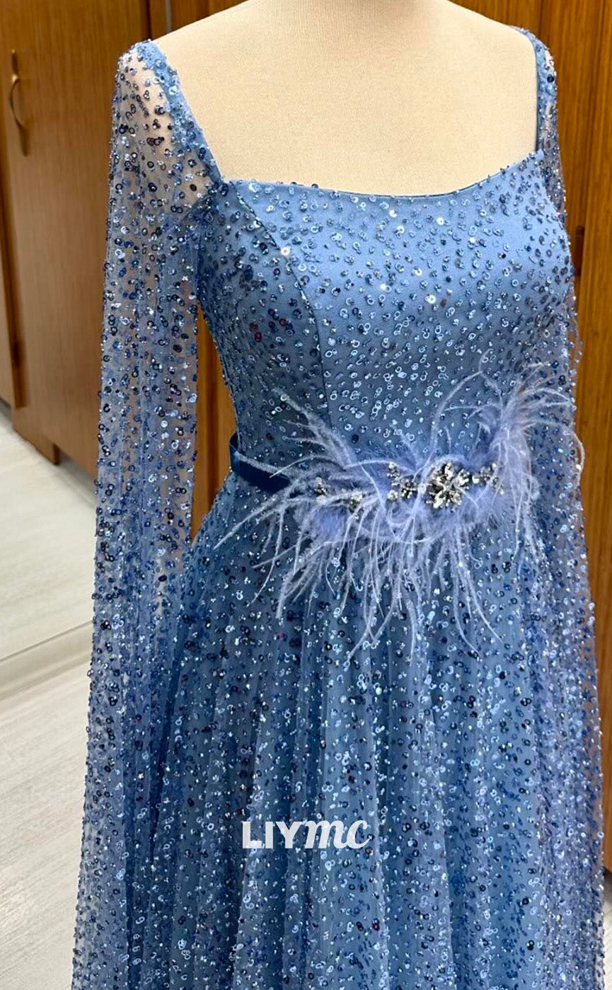 LP2249 - Square Long Sleeves Beaded Sequins Feathered A-Line Cocktail Dress Prom Dress