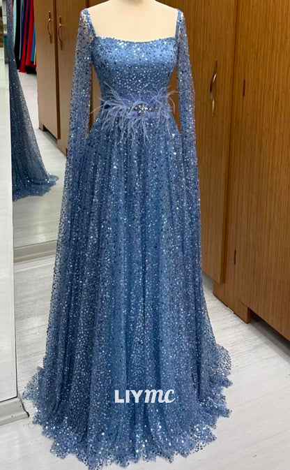 LP2249 - Square Long Sleeves Beaded Sequins Feathered A-Line Cocktail Dress Prom Dress