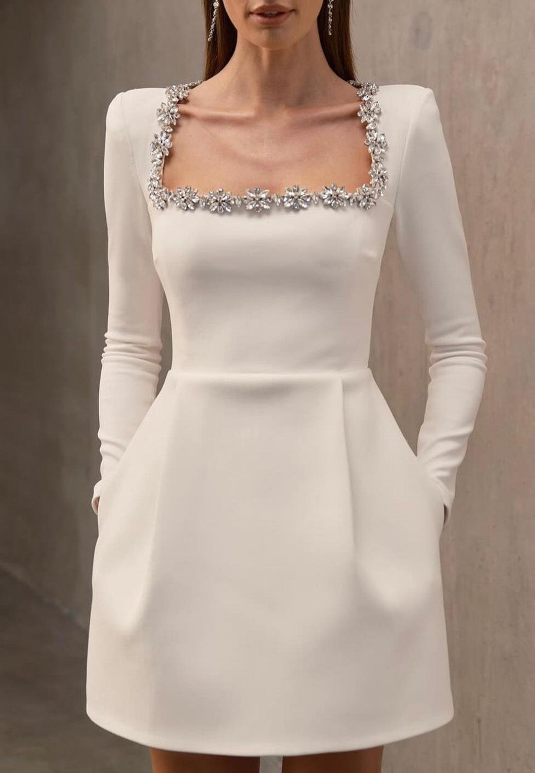 Square Long Sleeves Beaded Velvet Sheath Work Dress