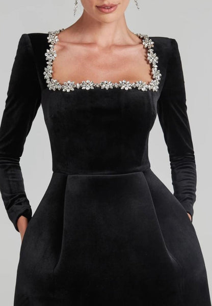 Square Long Sleeves Beaded Velvet Sheath Work Dress