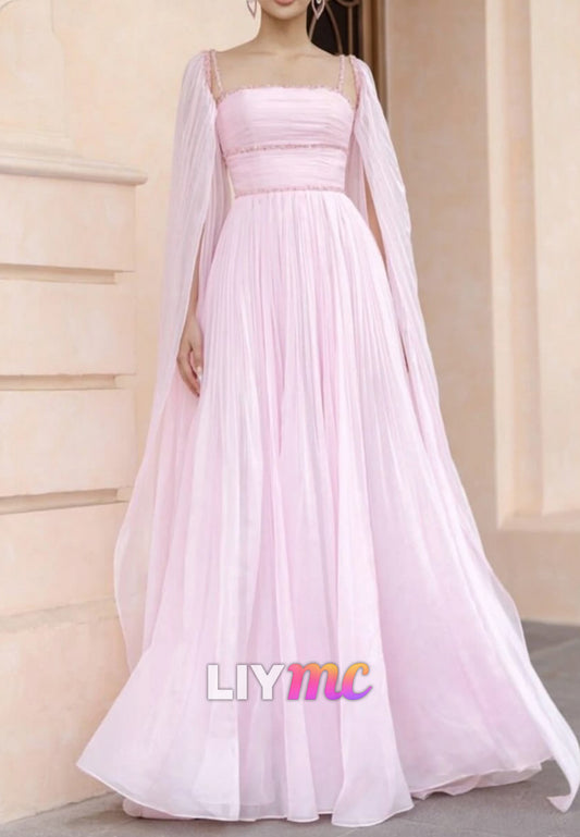 Square Long Sleeves Chiffon A-Line Pink Formal Dress