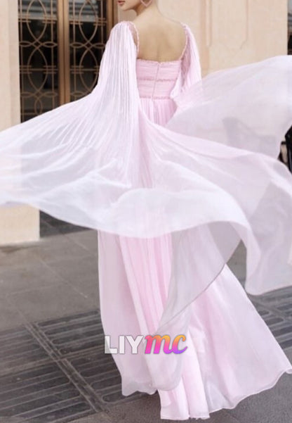 Square Long Sleeves Chiffon A-Line Pink Formal Dress