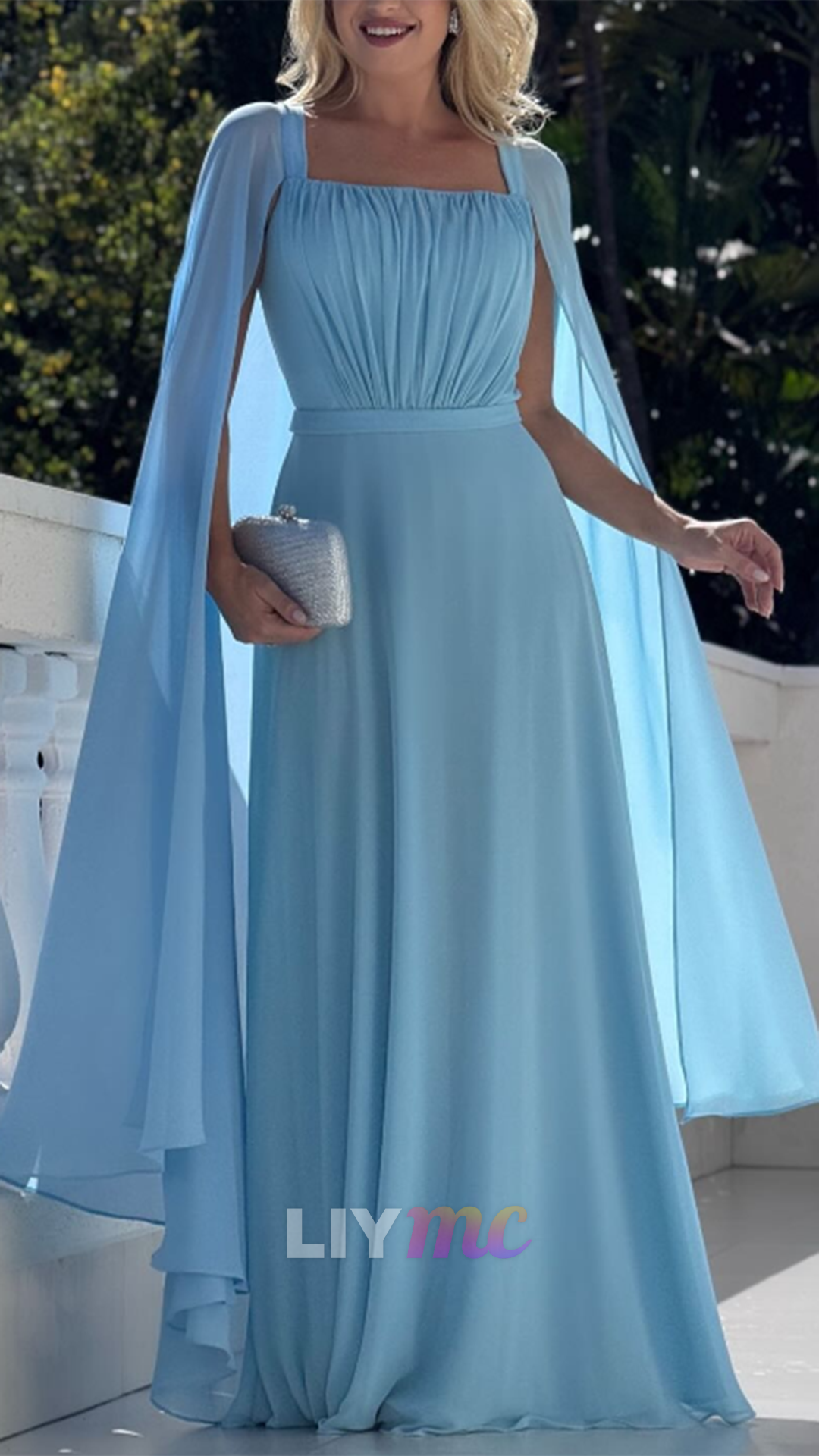 Square Long Sleeves Chiffon A-Line Wedding Guest Dress