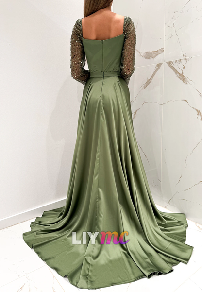 Square Long Sleeves Emboridery Evening Dress Mermaid Formal Dress