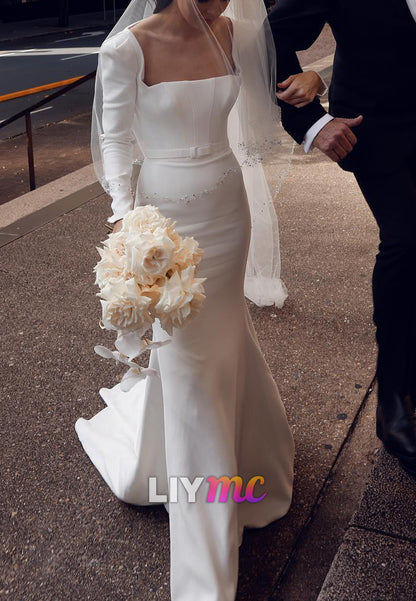 Square Long Sleeves Fitted Mermaid Satin Classic Wedding Dress
