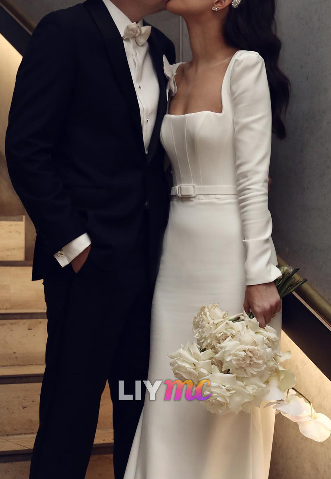 Square Long Sleeves Fitted Mermaid Satin Classic Wedding Dress