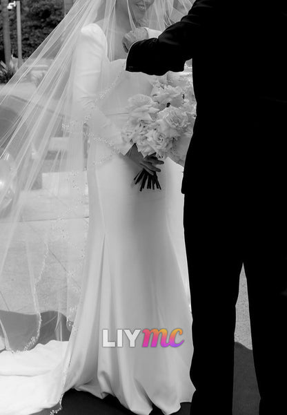 Square Long Sleeves Fitted Mermaid Satin Classic Wedding Dress