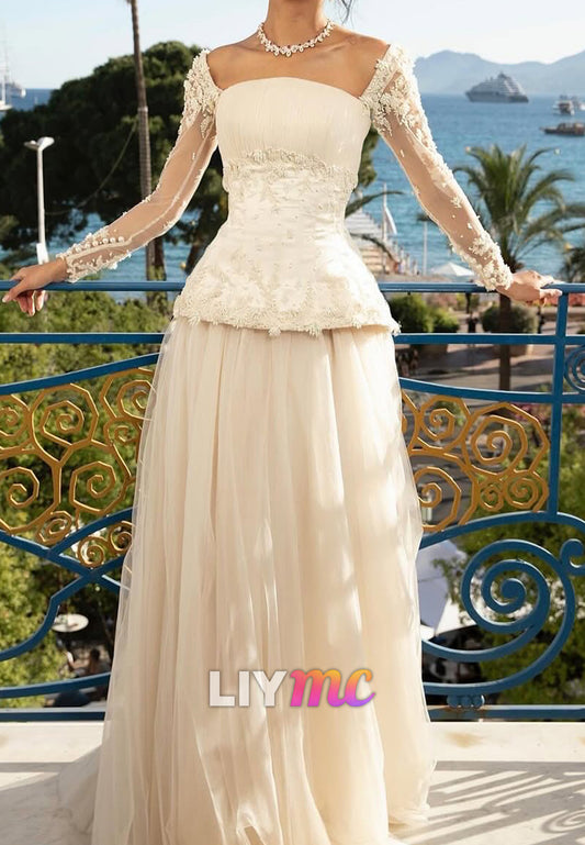 Square Long Sleeves Lace Appliques A-Line Wedding Dress