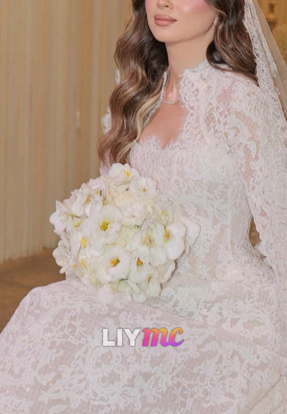 Square Long Sleeves Lace Appliques A-Line Wedding Dress