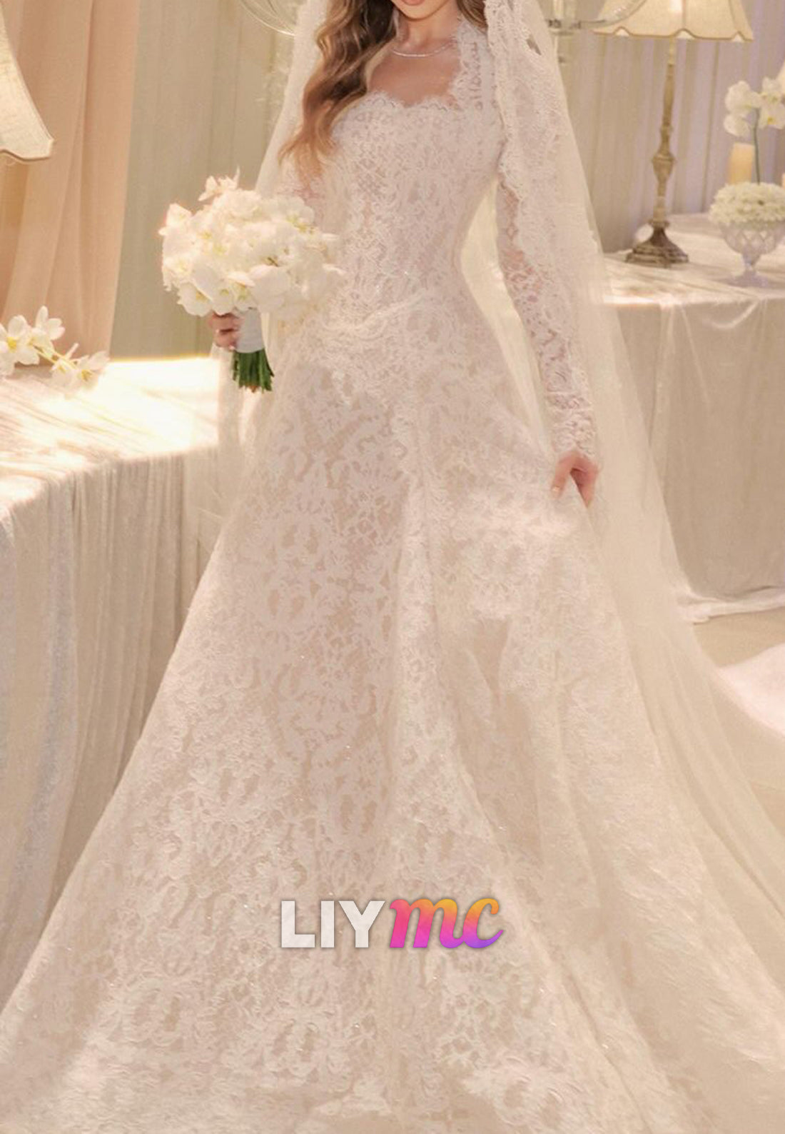 Square Long Sleeves Lace Appliques A-Line Wedding Dress