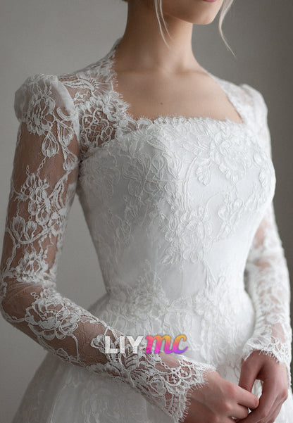 Square Long Sleeves Lace Appliques A-Line Wedding Dress