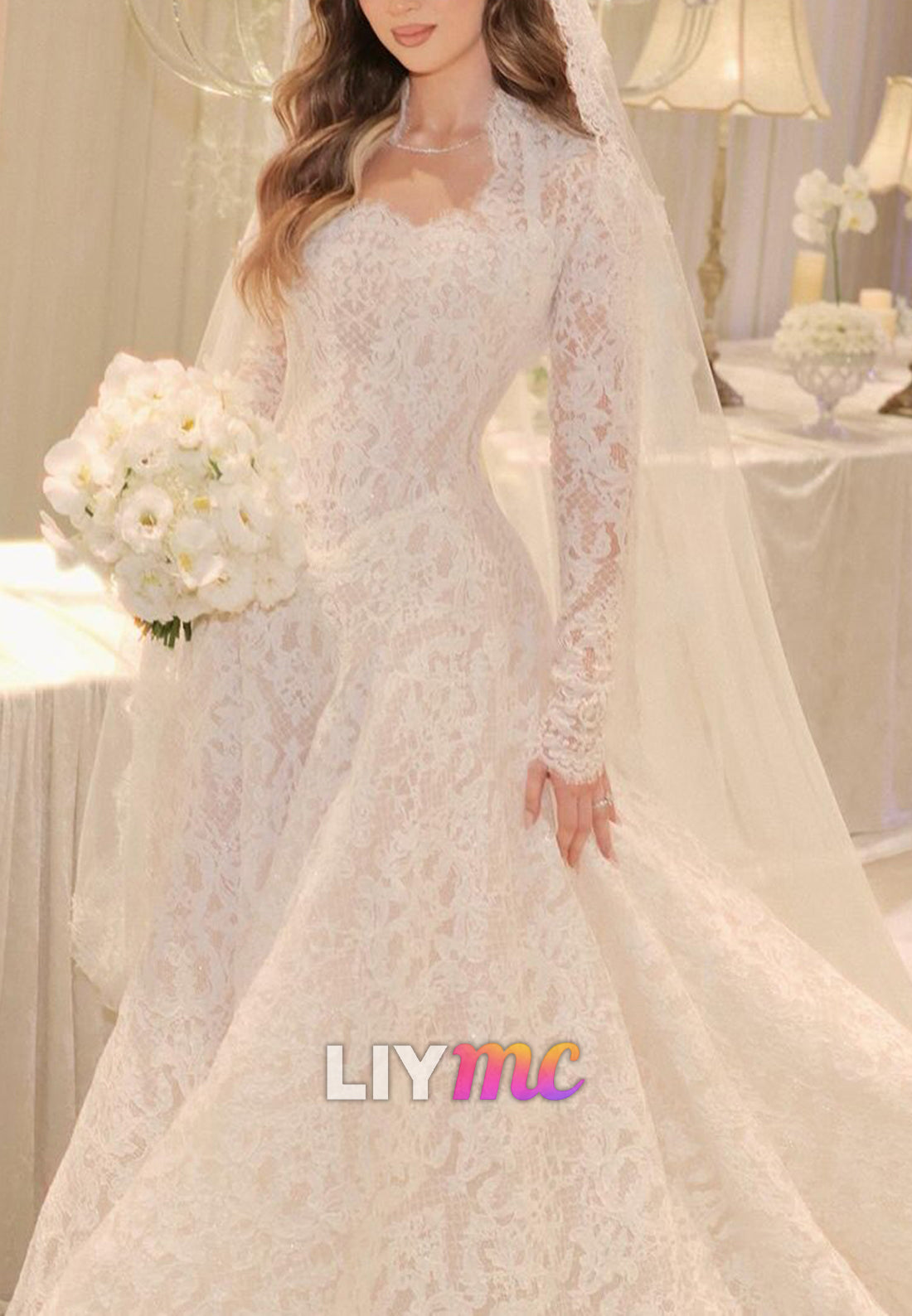 Square Long Sleeves Lace Appliques A-Line Wedding Dress