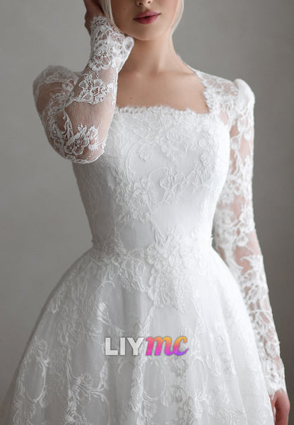 Square Long Sleeves Lace Appliques A-Line Wedding Dress