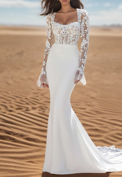 Square Long Sleeves Lace Appliques Mermaid Wedding Dress