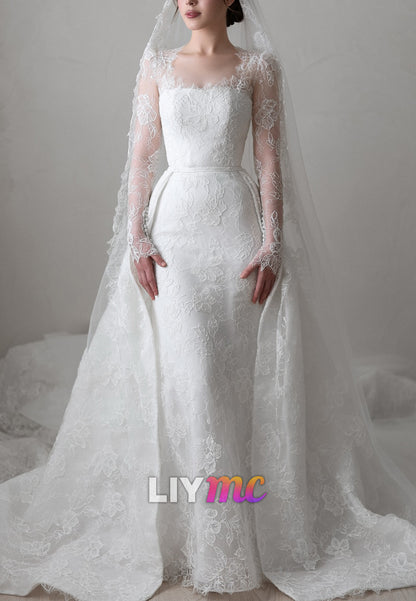 Square Long Sleeves Lace Appliques Sheath Wedding Dress