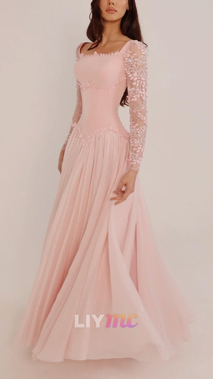 Square Long Sleeves Pleated Floral Embellished A-Line Prom Dress