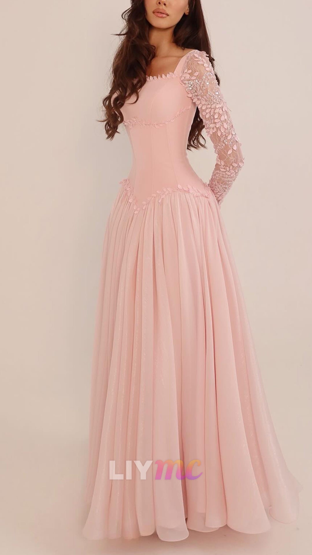 Square Long Sleeves Pleated Floral Embellished A-Line Prom Dress