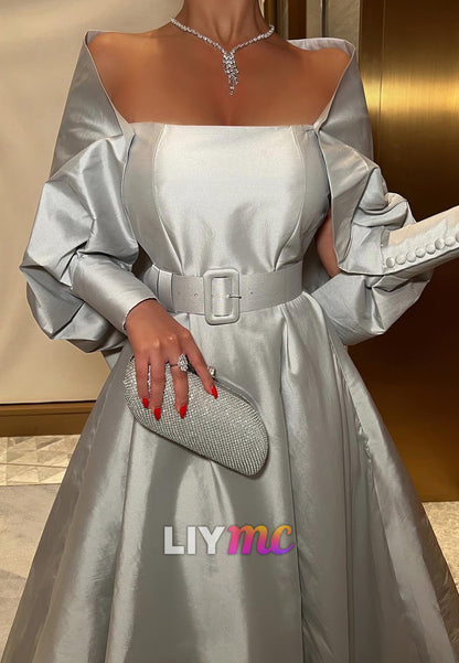 Square Long Sleeves Pleated Sleek A-Line Formal Dress