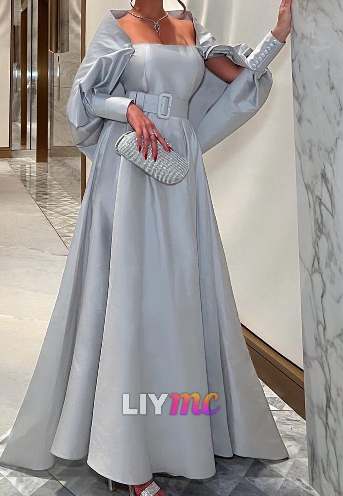 Square Long Sleeves Pleated Sleek A-Line Formal Dress