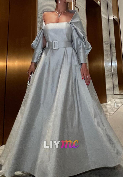 Square Long Sleeves Pleated Sleek A-Line Formal Dress
