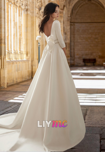 Square Long Sleeves Pleated Sleek Satin Side Slit A-Line Wedding Dress