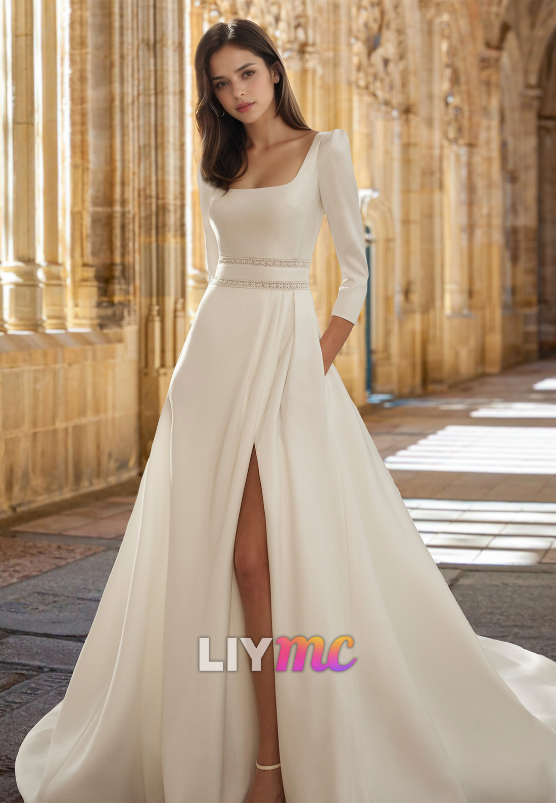 Square Long Sleeves Pleated Sleek Satin Side Slit A-Line Wedding Dress