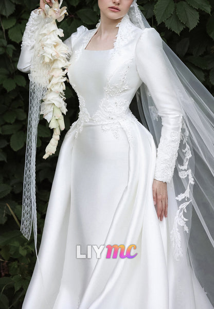 Square Long Sleeves Satin Appliques Sheath Wedding Dress