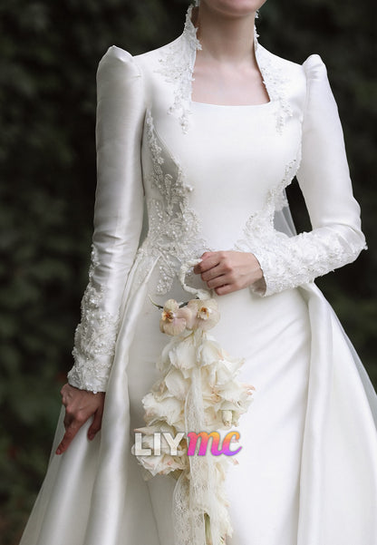 Square Long Sleeves Satin Appliques Sheath Wedding Dress