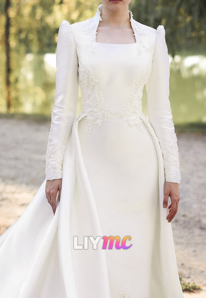 Square Long Sleeves Satin Appliques Sheath Wedding Dress