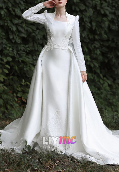 Square Long Sleeves Satin Appliques Sheath Wedding Dress