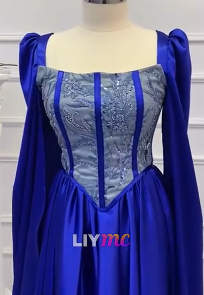 Square Long Sleeves Sequins Appliques A-Line Formal Dress