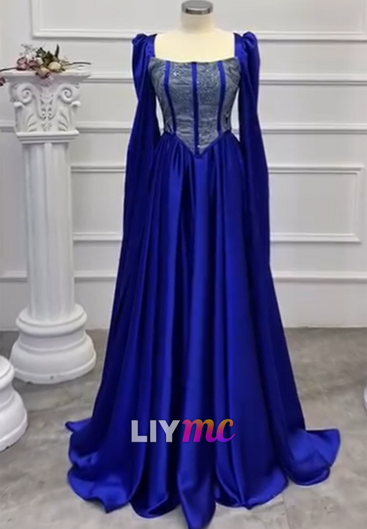 Square Long Sleeves Sequins Appliques A-Line Formal Dress